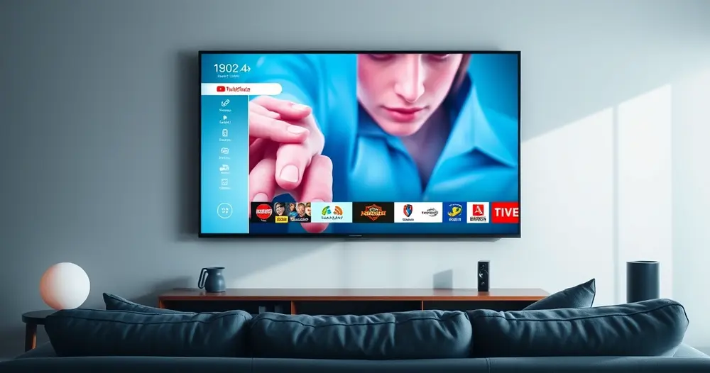 televisão na sala exibindo aplicativo de transmissão de canais