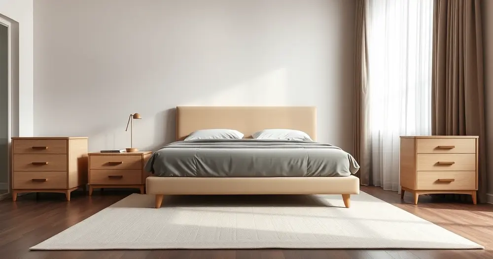 Quarto amplo com cama larga arrumada e um criado-mudo de cada lado