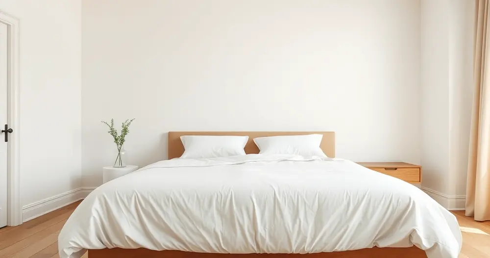 Cama de casal com roupa de cama branca arrumada em quarto de paredes claras