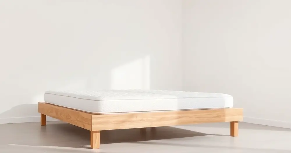 Colchão branco sem roupa de cama apoiado sobre base de madeira em quarto claro