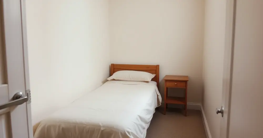 Cama estreita com colcha clara encostada na parede de um quarto pequeno